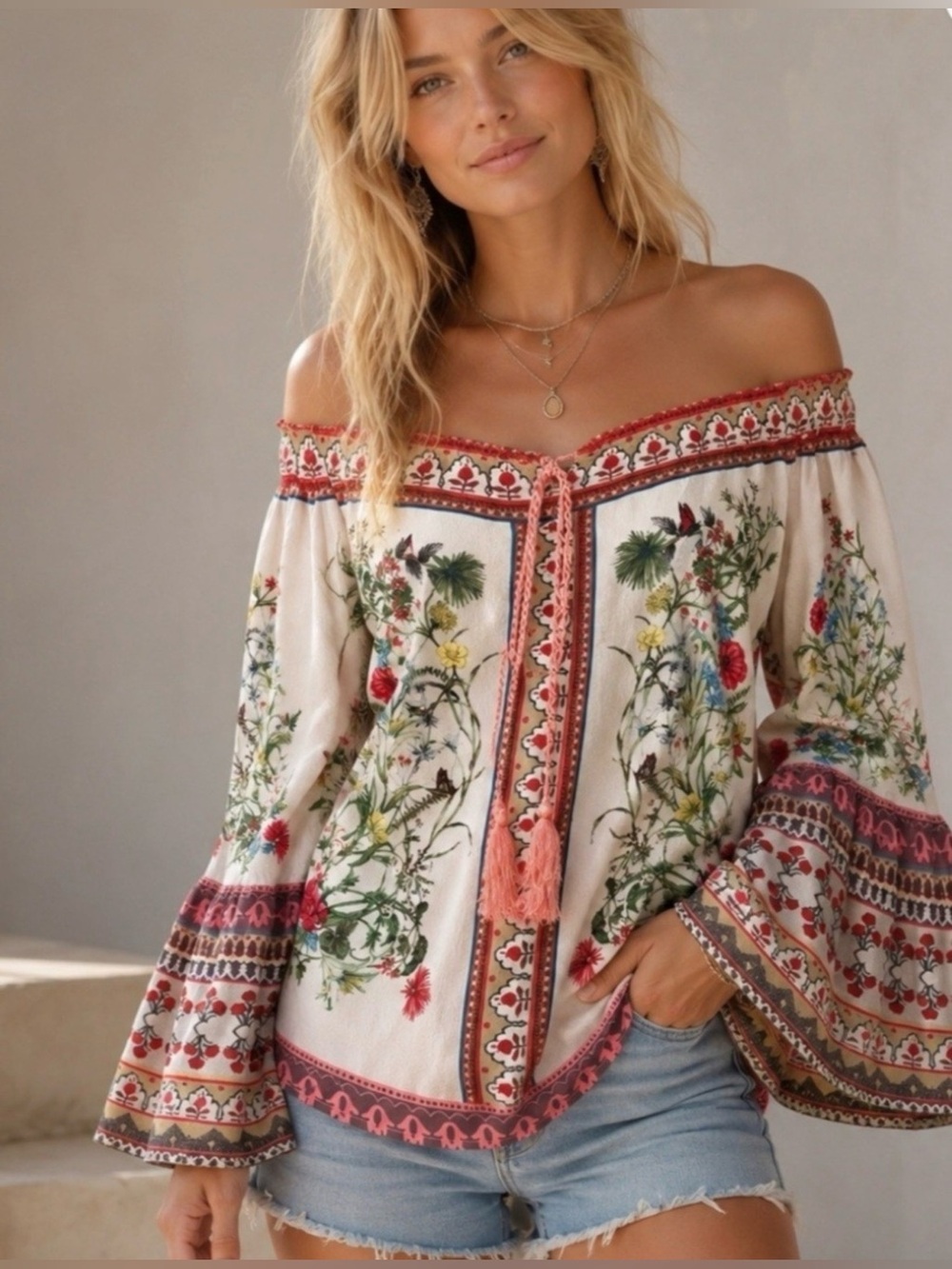 Umgee Bohemian Bell Sleeve Off-Shoulder Floral Blouse XL Cream Floral tassels